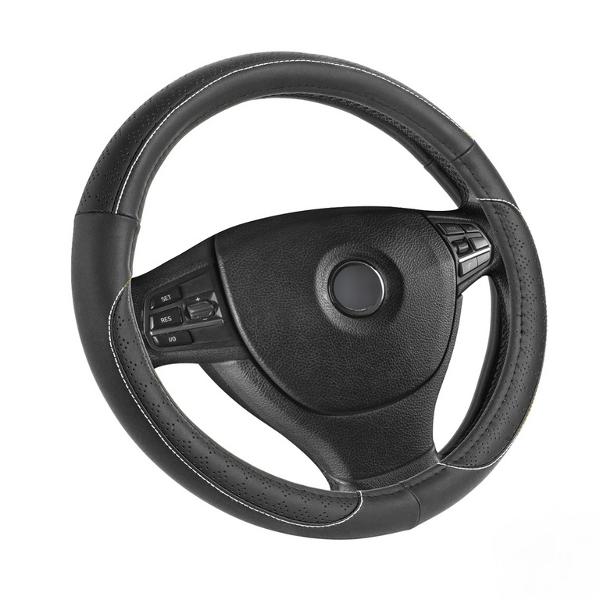 CUBRE VOLANTE OPTIMUS LEATHER 37/39Cm NEGRO CON LINEA Y COSTURA BLANCA