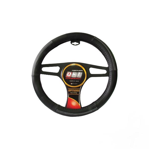 CUBRE VOLANTE QKL OPTIMUS ZURICH 37/39Cm CUERINA NEGRO CON DETALLE Y COSTURA BLANCA