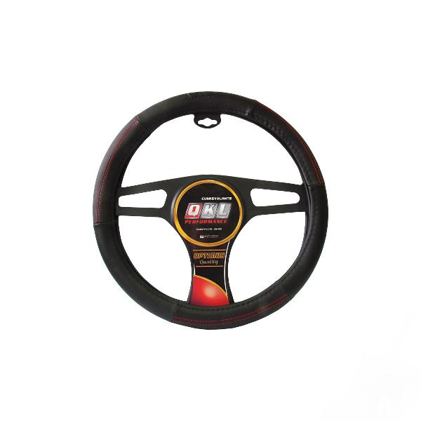 CUBRE VOLANTE QKL OPTIMUS ZURICH 37/39Cm CUERINA NEGRO CON DETALLE Y COSTURA ROJA