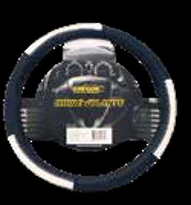 CUBRE VOLANTE CUERO SINTETICO PREMIUM POLO JOCKEY NEGRO Y BLANCO 38CM