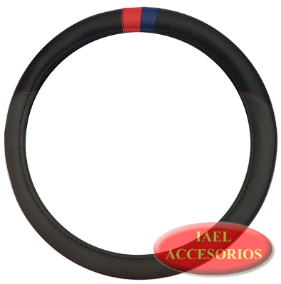 CUBRE VOLANTE POWER 38CM NEGRO C/GRIS DETALLES ROJO Y AZUL