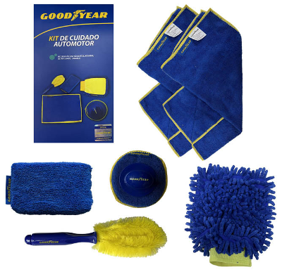 KIT DE LIMPIEZA 6 PIEZAS, ( GUANTE DE MICROFIBRA, CEPILLO LIMPIA LLANTA Y NEUMATICOS, ALMOHADILLA DE MICROFIBRA, ESPONJA DOS EN UNO, 2 PAOS PARA PULIR 40X40CM. ) - GOODYEAR
