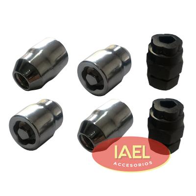 JGO. SEGURO RUEDA CROMADO 4 TUERCAS, CON 2 ADAPTADORES SEG. EXTREMA - ACCESORIOS - IAEL